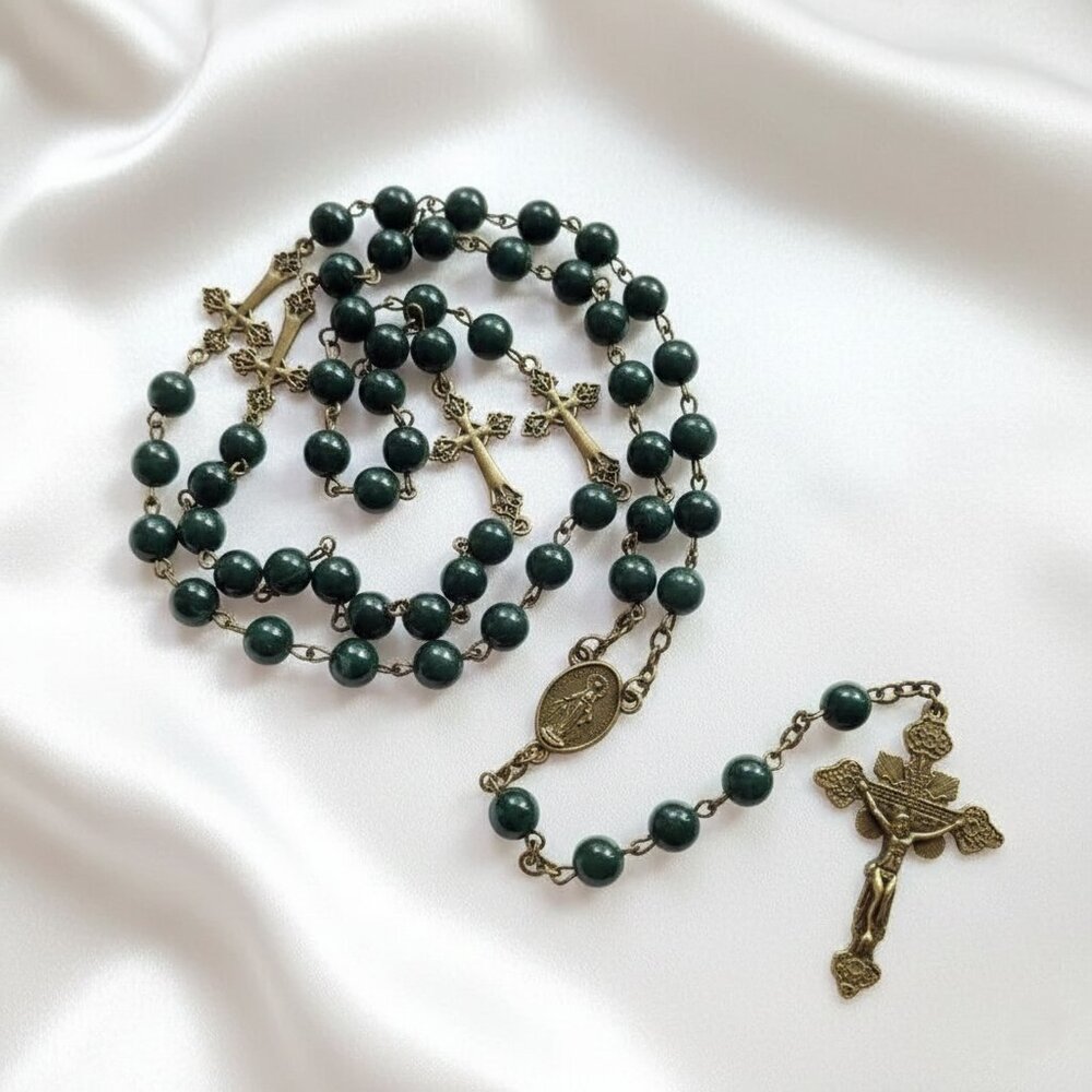 Dark Green Beaded Rosary Antique Brass Crosses Necklace NWOT - Picture 6 of 10